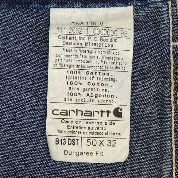 Carhartt B13 Dungaree Fit Mens Blue Denim Jeans 50x32 100% Cotton Workwear - Picture 5 of 6